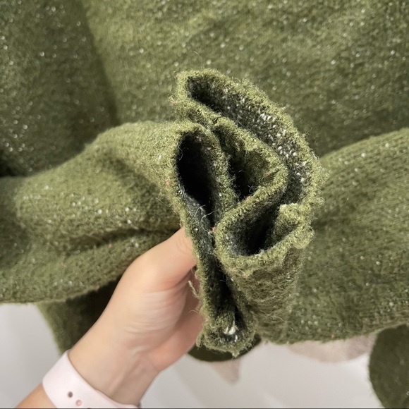 Zara Knit Faux Shearling Lined Sweater Jacket Open Front Square Pocket Green S - Picture 11 of 11